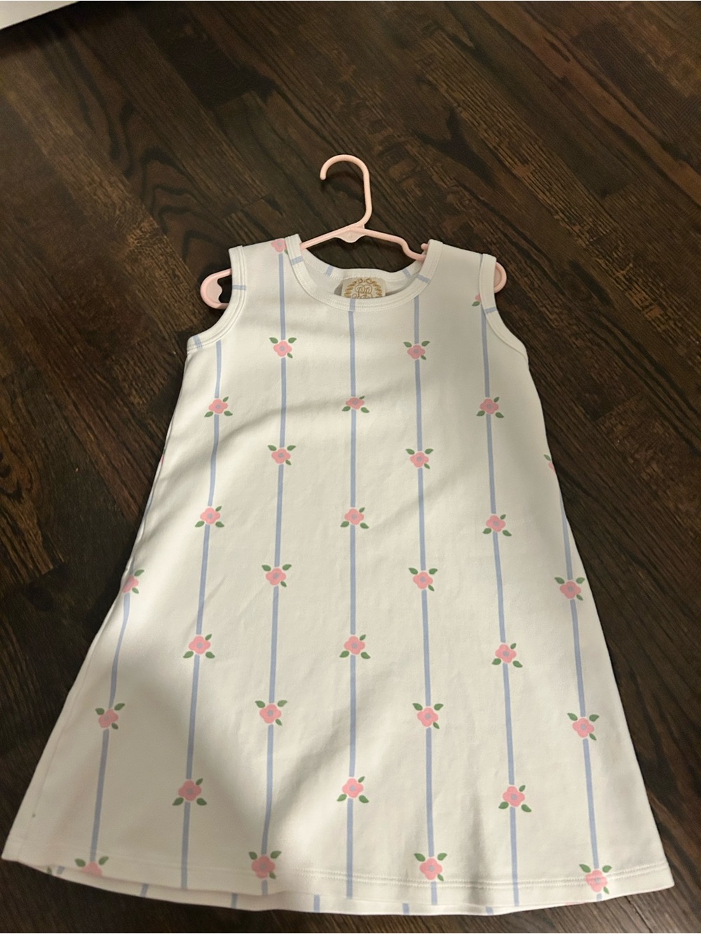 Beautiful Beaufort White Sleeveless dress with Pink Floral and Blue Stripes